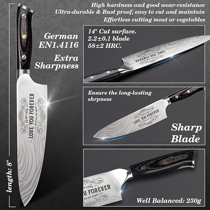 Gifts for Him Her Men Women Husband, Valentines Day Anniversary Birthday Gifts ideas for Him Her, 8 inch Professional German 1.4116 Chef Knife, Kitchen Knife Gift Set