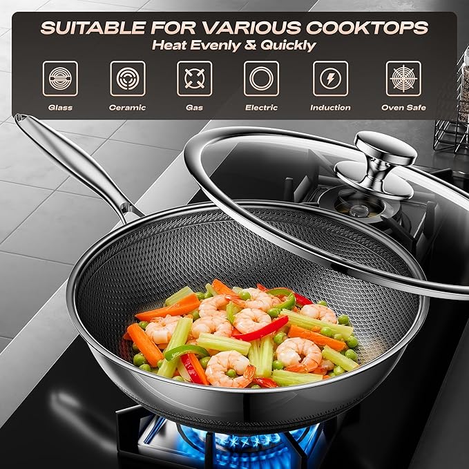 Wok,Hybrid 12-Inch Wok with Lid,Nonstick Stainless Steel Woks & Stir-fry pans,Dishwasher-Friendly,PFAS PFOA PTFE Free, Oven-Safe Up to 600°F,Compatible with All Cooktops