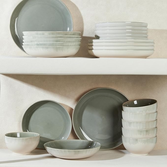 24 Piece Double Bowl Dinnerware Sets with Pasta Bowls, Highly Chip and Crack Resistant Plates and Bowls Sets, Natural Earthyware Ceramic Dishware Sets, Service for 6 Gradient Green