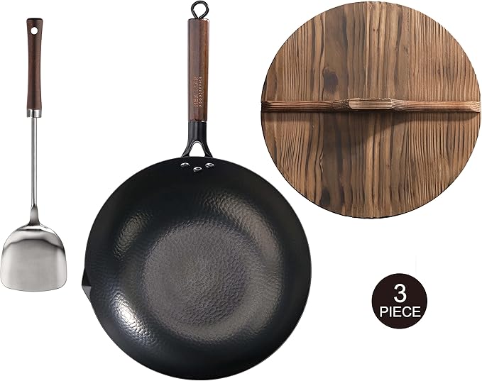 New Star Foodservice 1029154 Hand Hammered Carbon Steel, Non-Stick Wok Carbon Steel, Includes 12.7" Round Bottom, Wooden Lid, and Spatula (Hand Wash Recommended)