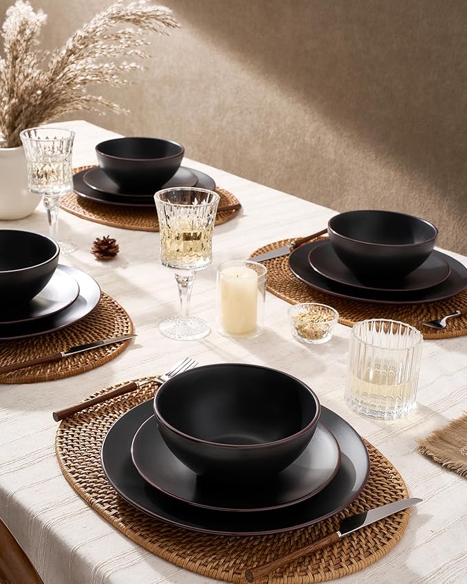 Famiware Venus Speckled Dinnerware Set with Pasta Bowls, Service for 4 (16 Pieces), Stoneware Plates and Double Bowls Sets, Microwave & Dishwasher-Safe Dishes with Trim, Matte Black