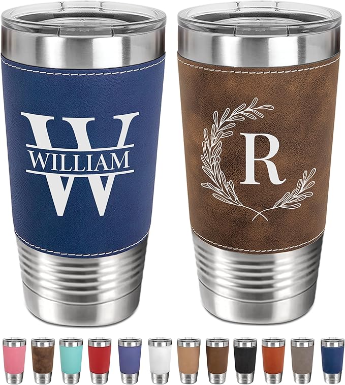 Personalized 20oz Leather Tumbler with Name and Logo, Personalized Stainless Steel Insulated Travel Mug Included Engraving, Custom Travel Mug for Hot & Cold Drinks, Vacuum Insulated