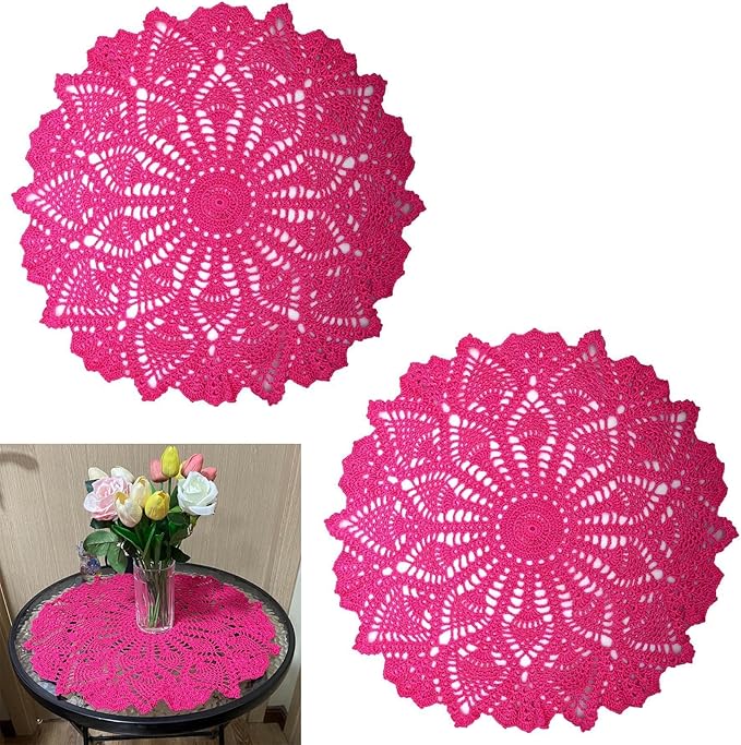 BIBITIME Lace Tablecloth Doily Handmade Crochet Placemat Women Vase Mat Kitchen Table Runner (2PCS- 18 in to 20 in, Rose)