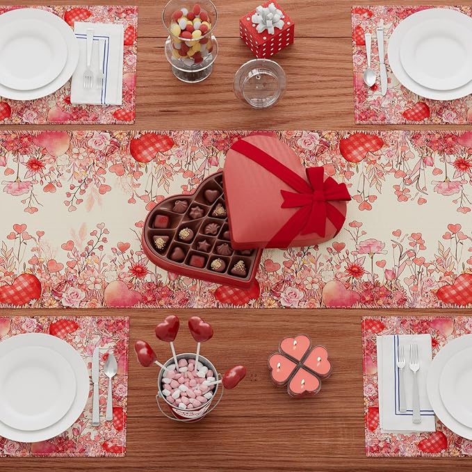 XCHI Wild Flowers Love Hearts Valentine’s Day Table Runner Table Decoration for Party Home Kitchen Dining Holiday Decor 13x90 Inch