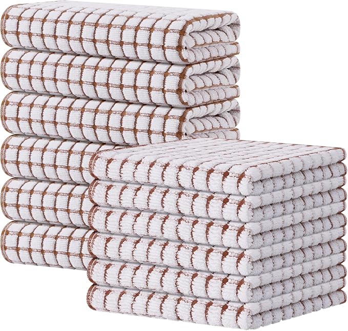 Kitinjoy Cotton 12 Pack Kitchen Towels and Dishcloths Sets, 16 x 25 Inch & 12 X 12 Inch Dish Towels Bulk, Super Soft and Absorbent Hand Towels for Kitchen Drying, Brown