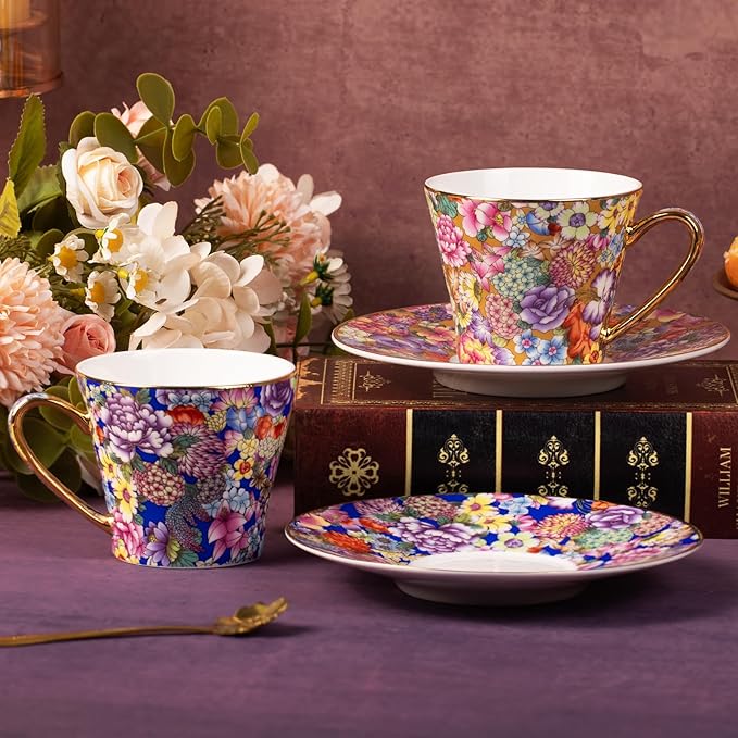 KAMMAK Tea Cups and Saucers Set of 2, Porcelain Coffee Cup with Saucer for Espresso, Cappuccino, 7.5oz Vintage Yellow Floral Ceramic Novelty Mug for Home, Tea Party, Office
