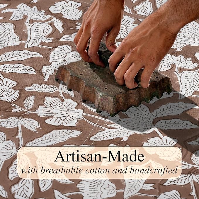 Ridhi Hand Block Print Oak Brown Rectangle Cotton Tablecloth 108" x 70" Reusable Table Cover Decorative Everyday Use for Dining, Farmhouse, Home Gift for Spring, Easter, Valentine