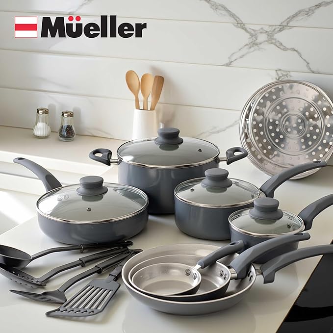 Mueller 16-Piece Healthy Stone Pots and Pans Set Non Stick, Non Toxic Ceramic Cookware Set, Dishwasher Safe, w Frying Pans, Sauce Pan, Steamer, Vac-Free Vented Glass Lids, Kitchen Utensils, Slate