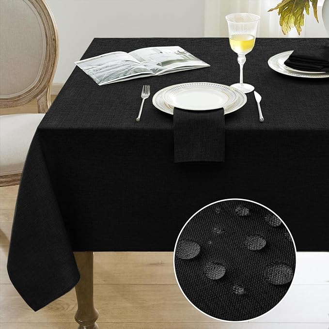 Softalker Large Black Rectangular Table Cloths 60x104 inch Faux Linen Tablecloth Outdoor Waterproof Stain and Wrinkle Resistant Table Cover for 6/8 Foot Rectangle Dining Tables for Party Graduation