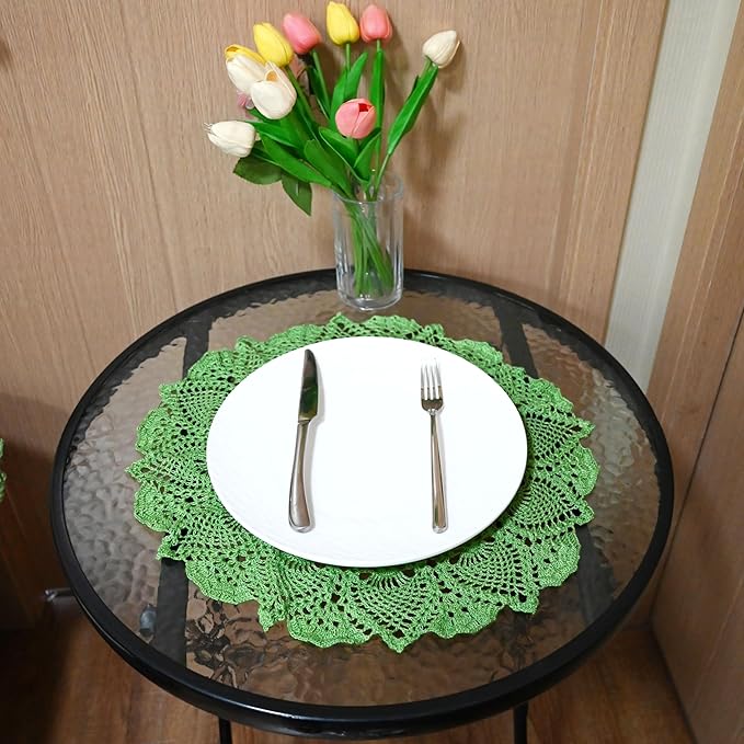 BIBITIME Lace Placemats Table Doilies Round Handmade Crochet Doily Kitchen Coffee Cup Mug Mats Dinner Place Mats (16 to 17.5 inches-2PCS, Light Green)