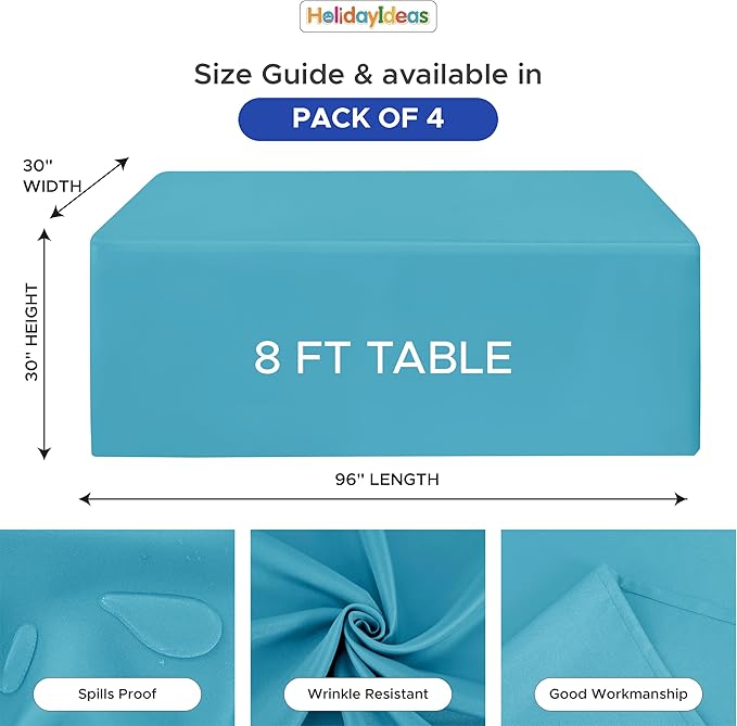 HolidayIdeas Fitted Tablecloths for 8 Foot Rectangle Table, Wrinkle Resistant Washable Table Cover 30x96 Inch for Vendor Booth Display, Banquet, Trade Show, Teal, 4 Pcs