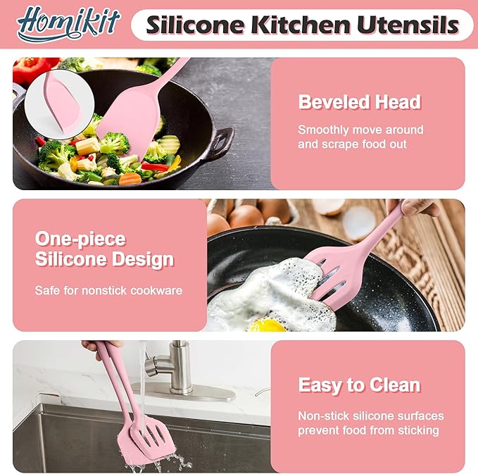 Homikit 15-Piece Kitchen Utensil Set, Silicone Cooking Utensils Spatula Set with Holder for Nonstick Cookware, Heat Resistant Kitchen Tools Gadgets for Cooking and Baking-Pink
