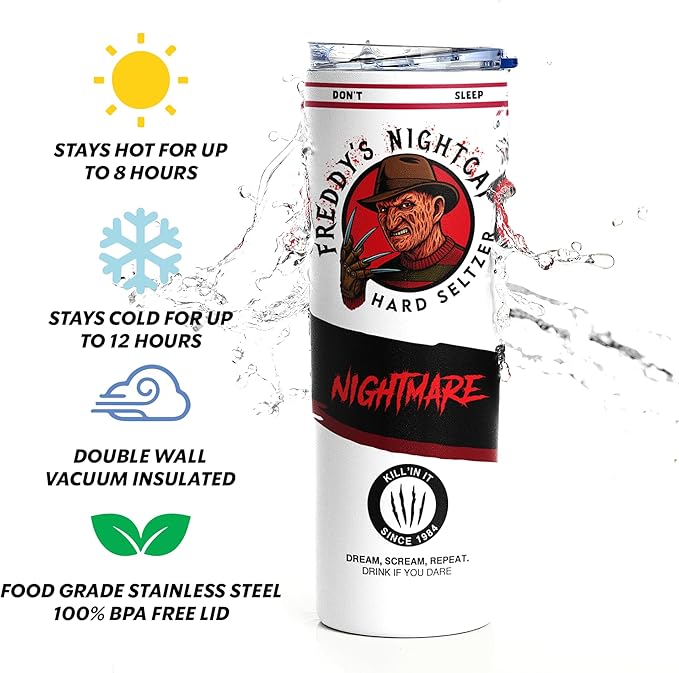 Freddys Hard Seltzer Tumbler, Nightmare On Elm St Travel Mug, Horror Slasher Fan Gift, Insulated Stainless Steel, Scary Movie Novelty Gifts, Christmas Halloween - Coffee Tea Drinker - 20 Oz
