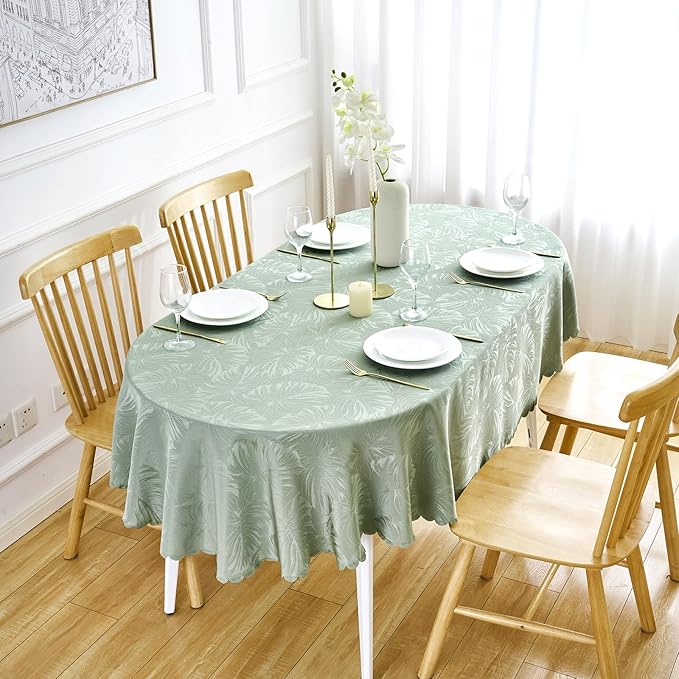 Oval Tablecloth 50x70 Inch Green Table Cloth Leaves Pattern Scalloped Edge Silky Soft Fabric Waterproof Wrinkle Free Washable Table Cover for Kitchen Dinning Party Decoration