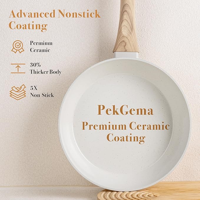 PekGema 14 Pcs Ceramic Cookware Sets, Pots and Pans Set Nonstick, Non Toxic Healthy Non stick Kitchen Cooking Set, Induction Cookware with Frying Pan Set, PFAS PTFE PFOA FREE, White