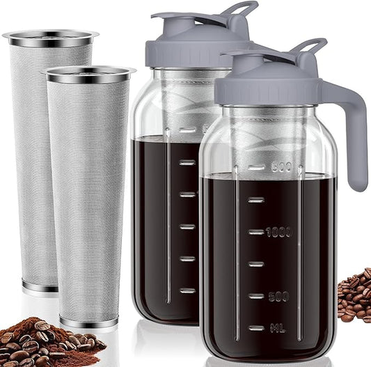 Cold Brew Coffee Maker Jar - 64oz Thick Glass Multipurpose Mason Pitcher Spout Lid with Handle & Stainless Steel Filter for Iced Coffee, Lemonade, Ice Tea, Homemade Fruit Drinks Container（2Pack）