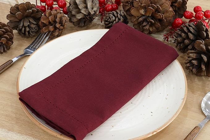 PurpleEssences Set of 6 Hemstitch Cloth Dinner Napkins 100% Cotton - Soft Durable Washable - Ideal for Wedding Christmas Holiday Winter - Perfect Everyday Use Table Linen 18x18 - Burgundy
