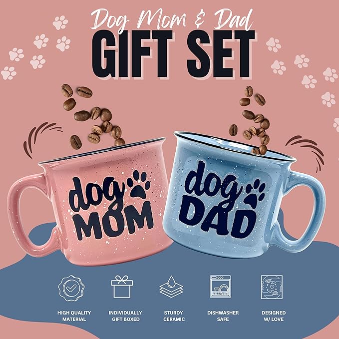 Dog Mom and Dog Dad - Cute Funny 15 oz Coffee Mug Gift Set for Dog Lovers, Dog Parents - Fur Mama - Unique Fun Gifts for Pet Lovers - Large Sturdy Ceramic Travel Coffee Cups & Mugs with Quotes