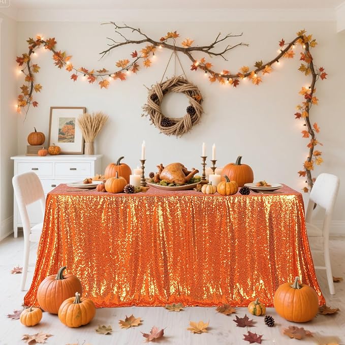 Eternal Beauty Orange Tablecloth, 90x156 Inch Sequin Rectangle Table Cover for Cake Dessert Exhibition Party Birthday Events