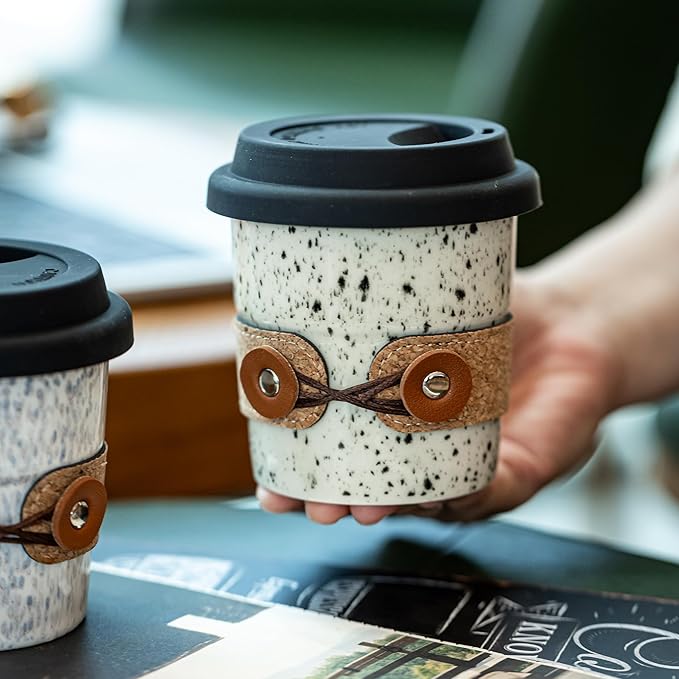 Coffee Mug, Travel Coffee Tumbler, Spill Proof To Go Coffee Mug, Porcelain Coffee Cups with Lids Reusable, Microwave & Dishwasher Safe, Coffe Mugs for Men & Women, 8.5oz