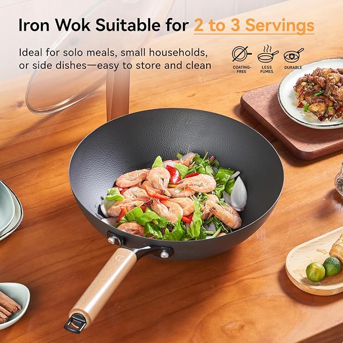 WANGYUANJI 12.6 Inch Wrought Iron Wok with Standable Glass Lid, Chemical-Free Flat Bottom Stir Fry Pan for Induction, Gas, and Electric Stoves