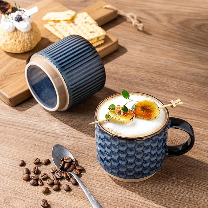 GBhome 15OZ Stackable Coffee Mugs, Ceramic Coffee Mugs with Texture Patterns for Man,Woman,Dad,Mom, Modern Coffee Mugs Set of 4 for Latte/Cappuccino/Cocoa. Dishwasher&Microwave Safe,