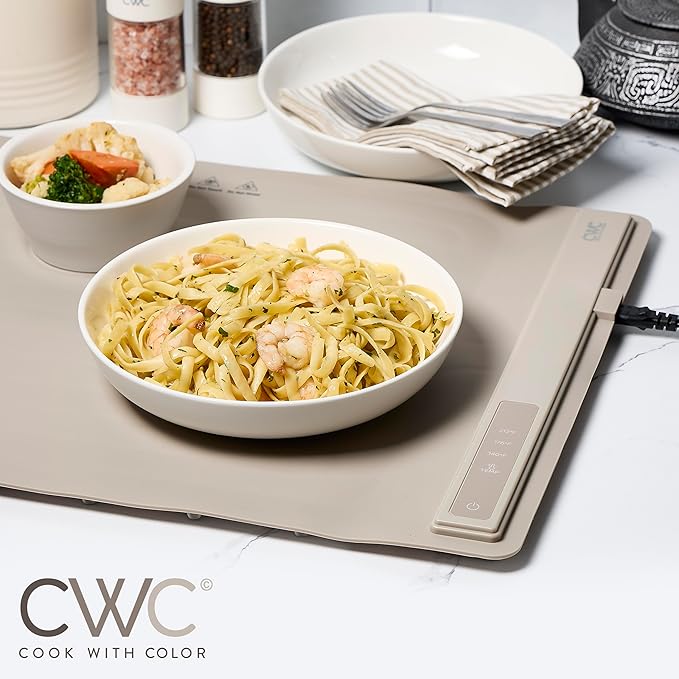 COOK WITH COLOR 350W Electric Food Warming Mat - Portable Food Warmer Tray with Adjustable Temperature, Fast 60-Second Heating, Auto Shut-Off, Rollable Silicone Pad for Parties & Everyday Use, Sand
