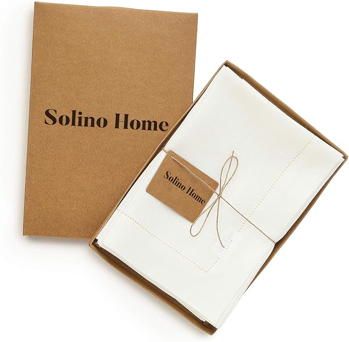 Solino Home Ivory Linen Napkins Set of 4-100% Pure Linen Hemstitch Dinner Napkins 20 x 20 Inch for Spring, Easter - Classic Hemstitch