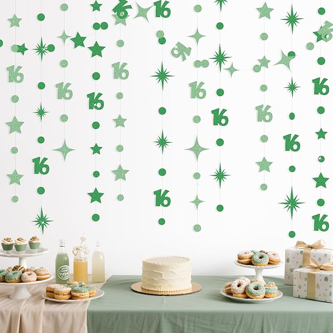 Green 16th Birthday Decorations Number 16 Circle Dot Star Garland Glitter Streamer Banner Backdrop for Girls Boys Sweet Sixteen Cheers to 16 Years Old Birthday 16th Anniversary Party Supplies