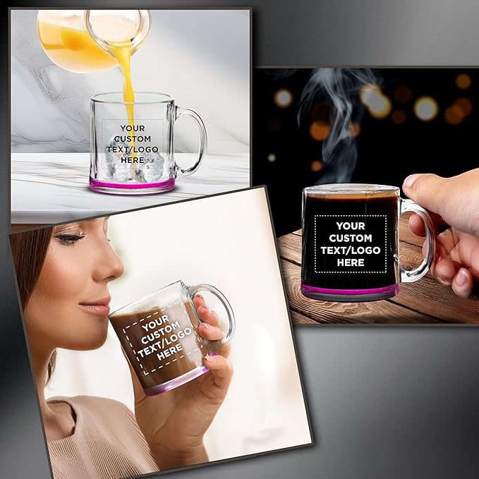 Custom Libbey Clear Glass Coffee Mugs 13 oz. Set of 10, Personalized Bulk Pack - Perfect for Coffee, Tea, Espresso, Hot Cocoa, Other Beverages - Pink Bottom