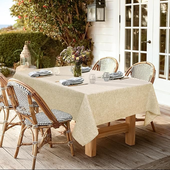 JIUZHEN Square Table Cloth Faux Linen Farmhouse Tablecloth Wrinkle and Stain Resistant Decorative Fabric Table Cover for Kitchen, Dining Room, Parties and Camping, Beige, 54 x 54 Inch