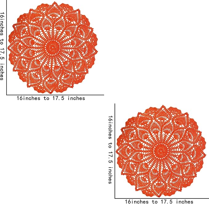 BIBITIME Lace Placemats Table Doilies Round Handmade Crochet Doily Kitchen Coffee Cup Mug Mats Dinner Place Mats (16 to 17.5 inches-2PCS, Orange)