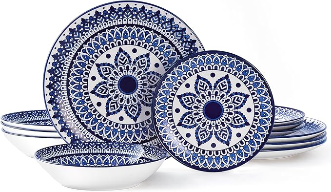 Bestone 12-Piece Round Porcelain Dinnerware Set, Service for 4, Chip Resistant Plates and Bowls,Blue, Dishwasher & Microwave Safe for Home Daily Use