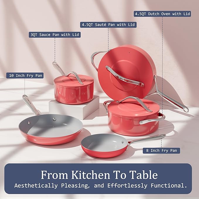 Nonstick Ceramic Frying Pan 8 inch for All Cooktops, Healthy PFAS Free Egg Pan, Even & Quick Heat Distribution Oven Safe to 500°F, Healthy Non Toxic Skillet w/ Ergonomic Stay-Cool Handle, Fusion Red
