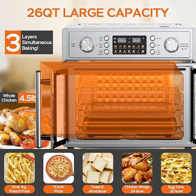 PlumChef 29.5QT Large Capacity French Double-Door Air Fryer Convection Toaster Oven, 1700W, 14 Preset Menus, 7-in-1 Multi-Function (Bake, Roast, Gril,Toast,Dehydrate&Defrost), Stainless Steel,silvery