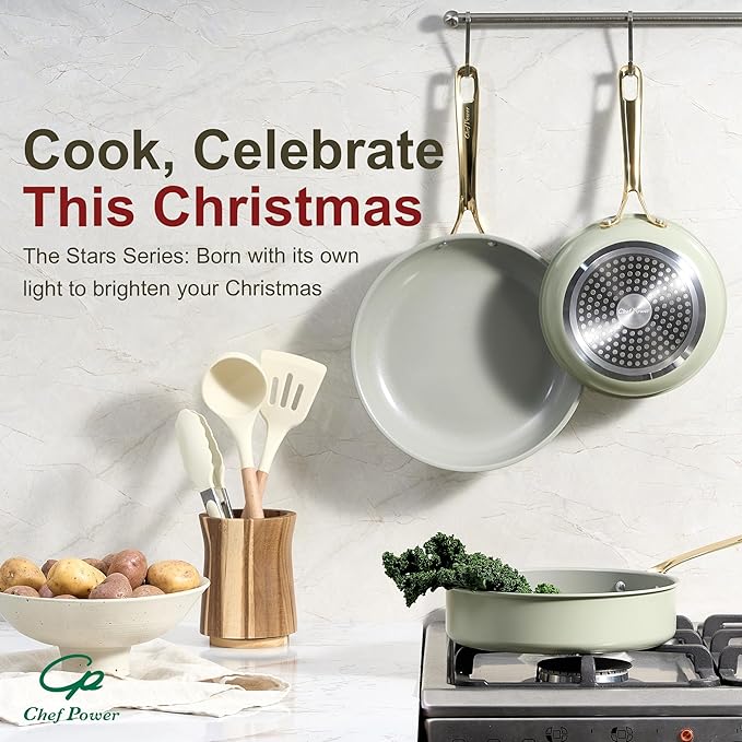 Chef Power Ceramic Frying Pan with Stainless Steel handle 5Pcs Set, Non Stick Grill Pan Set, Dishwasher and Oven Safe, Sage Green and Granite Grey