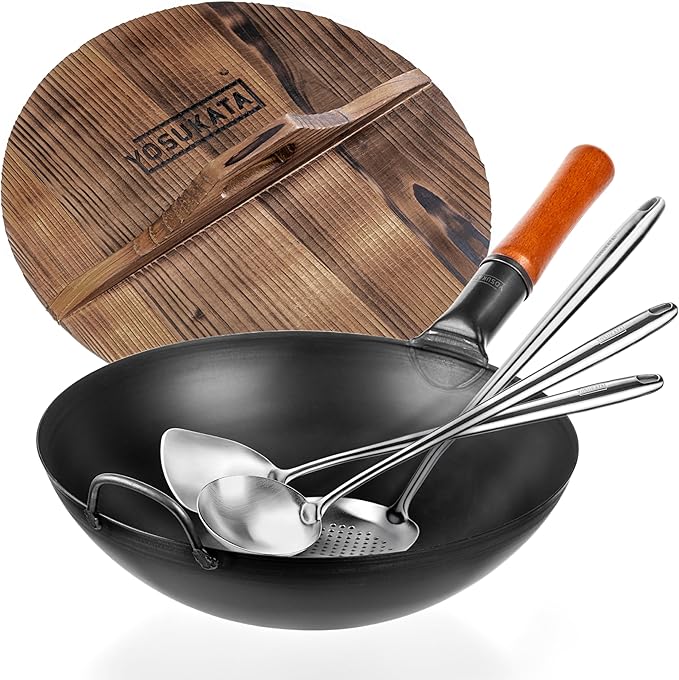 YOSUKATA Carbon Steel Wok Pan – 13,5 “ Stir Fry Pans + 17" Wok Spatula and Ladle Skimmer Spoon + Premium Cover 13.5 inch Lid