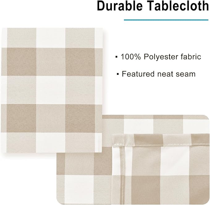 Hiasan Checkered Square Tablecloth - Stain Resistant, Waterproof and Wrinkle Resistant Washable Table Cloth for Dining Room, 60 x 60 Inch, Khaki and White Gingham Pattern