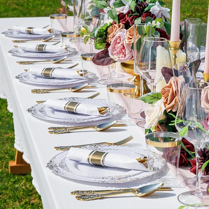 Nervure 700PCS Gold Plastic Plates - Gold Plastic Dinnerware Sets for 100 Guests - 200 Disposable Plates, 300 Silverware, 100 Cups, 100 Napkins for Wedding & Party