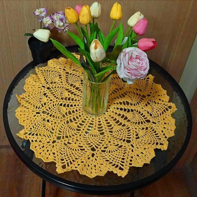 BIBITIME Lace Tablecloth Doily Handmade Crochet Placemat Women Vase Mat Kitchen Table Runner (2PCS- 18 in to 20 in, Yellow)