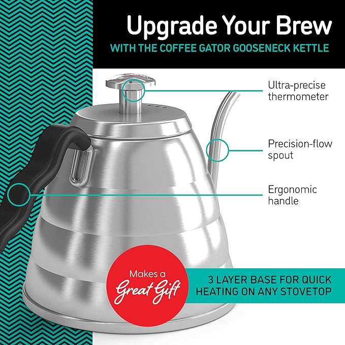Coffee Gator Gooseneck Kettle with Thermometer - 40oz Premium Stainless Steel Pour Over Coffee Maker Kettles, Stove Top, w/Precision Drip Spout, for Drip Coffee, French Press, Tea Kettle, 5 Cup, 1.2L