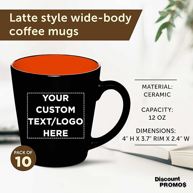 Custom Ceramic Coffee Latte Mugs 12 oz. Set of 10, Personalized Bulk Pack - Perfect for Coffee, Tea, Espresso, Hot Cocoa, Other Beverages - Orange