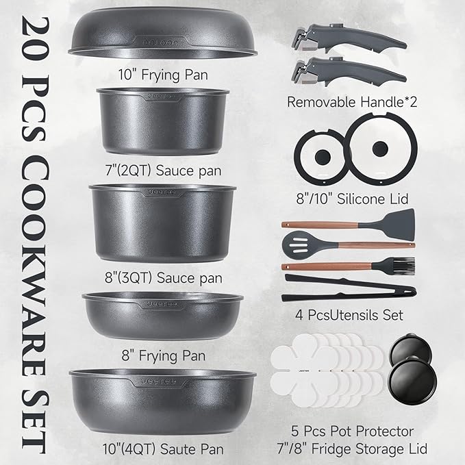 JEETEE 20 Pcs Pots and Pans Set Non Stick, Titanium Reinforced Nonstick Cookware Set with Detachable Handle, Induction Kitchen Cookware Sets, Oven Safe & Space Saving for RV Camping