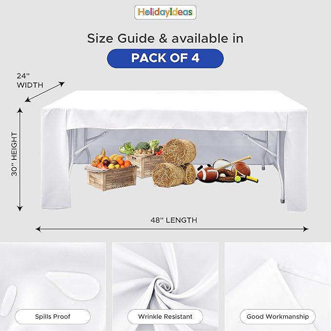 HolidayIdeas Open Back Fitted Tableclothss for 4 Foot Rectangle Table, Wrinkle Resistant Washable Table Covers 24x48 Inch for Craft Fairs, Banquets, Trade Show Display, White,4 Pcs