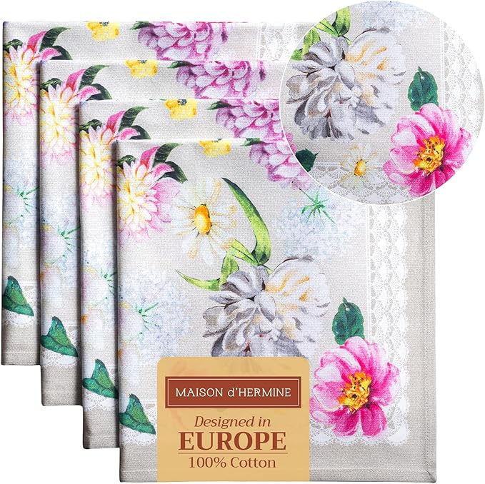 Maison d' Hermine Cloth Napkins Set of 4 100% Cotton Everyday Reusable Square Napkins Cloth Washable Dinner Party Wedding Restaurant Valentines Day Decorations Spring/Summer (Pivoine, 20" x 20")