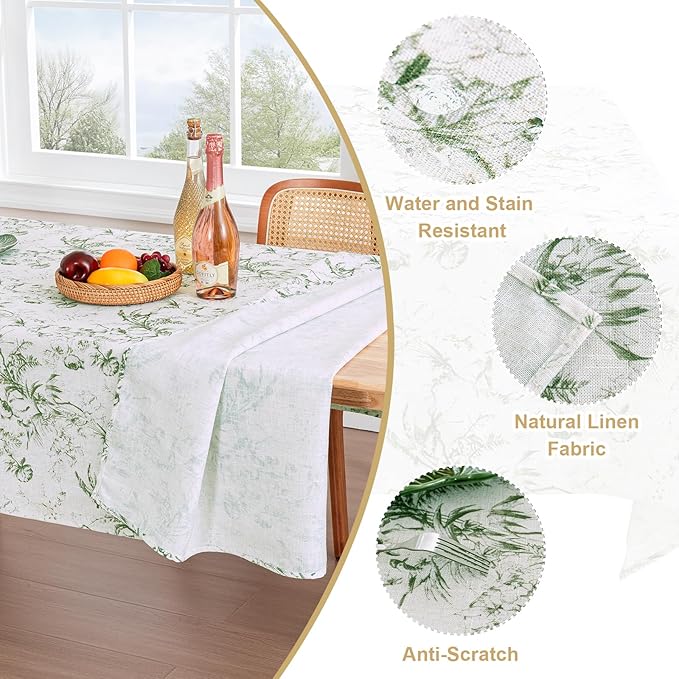 H.VERSAILTEX Linen Table Cloths Floral Printed Tablecloth Spill-Proof Waterproof Table Cover for Dining Buffet Feature Soft and Thick Fabric Wrinkle Free, 60 x 60 Inch, Vintage Botanical - Green