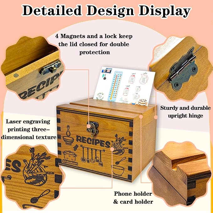 Wooden Recipe Box with Cards and Dividers, 4x6 Recipe Card Box Set, Recipe Organizer with Double Lid Slots (Phone Holder & Recipe Holder)