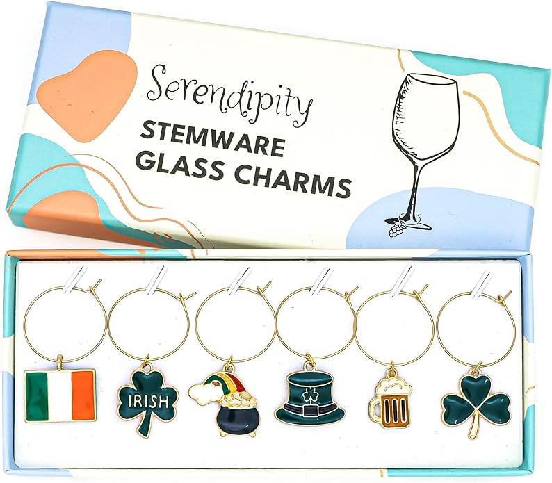Serendipity Irish Wine Glass Charms, Irish Glass Markers, St Patricks Day Decoration, Set of 6 Charms: Ireland Flag, Leprechaun Hat, Shamrock, Beer Mug, and Pot of Gold