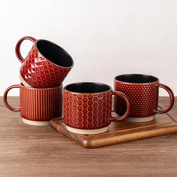 GBhome 15OZ Stackable Coffee Mugs Set of 4, Ceramic Coffee Cups with Texture Patterns for Man,Woman. Elegant Mugs Set for Latte/Cappuccino/Cocoa. Dishwasher&Microwave Safe, Red