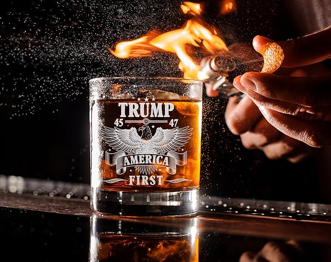 Donald Trump America First Whiskey Glass - Laser Engraved 11oz Old Fashioned Glass, Political Gift for Men, MAGA Merch, Right-Wing Collectible